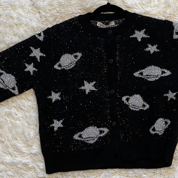 Free People Celestial Sparkle Button Cardigan Black Silver Retro Stars Medium - Picture 5 of 11